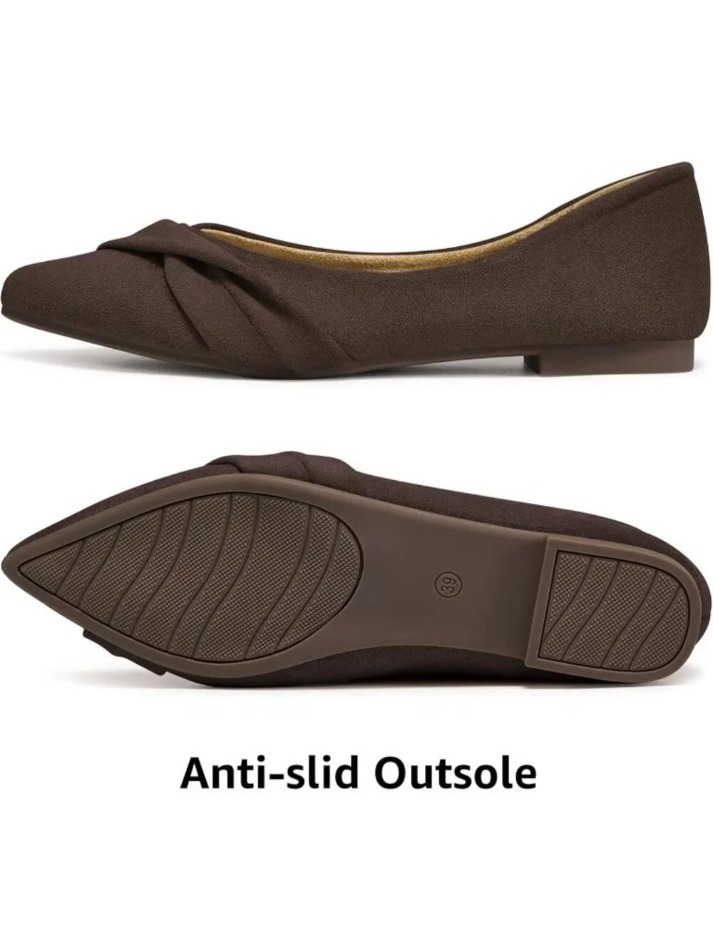 Women's Coffee Suede Comfortable Lightweight Casual Slip On Pointed Toe Bow Flat